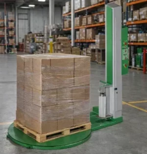 optimiser le filmage . Banderoleuse filmant une palette logistique